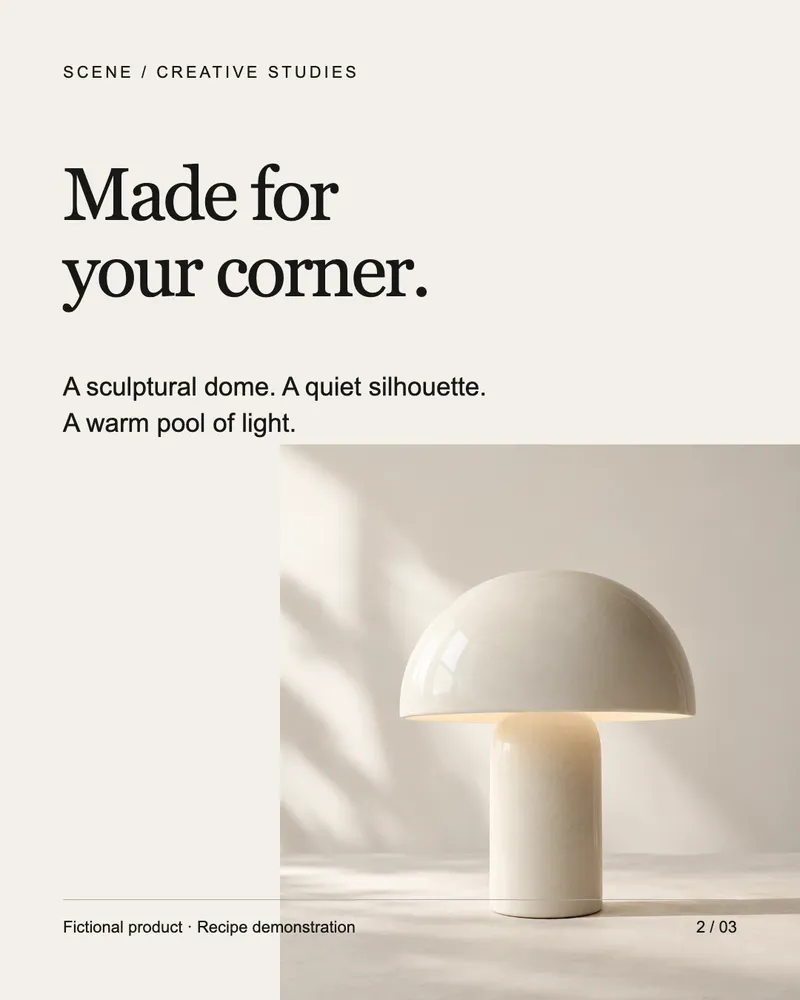 Product-launch carousel, slide 2: fictional SCENE example, not customer work
