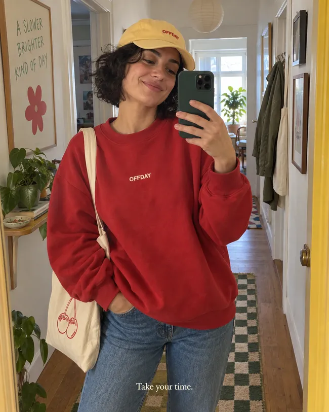 OFFDAY fictional creator-style phone selfie campaign