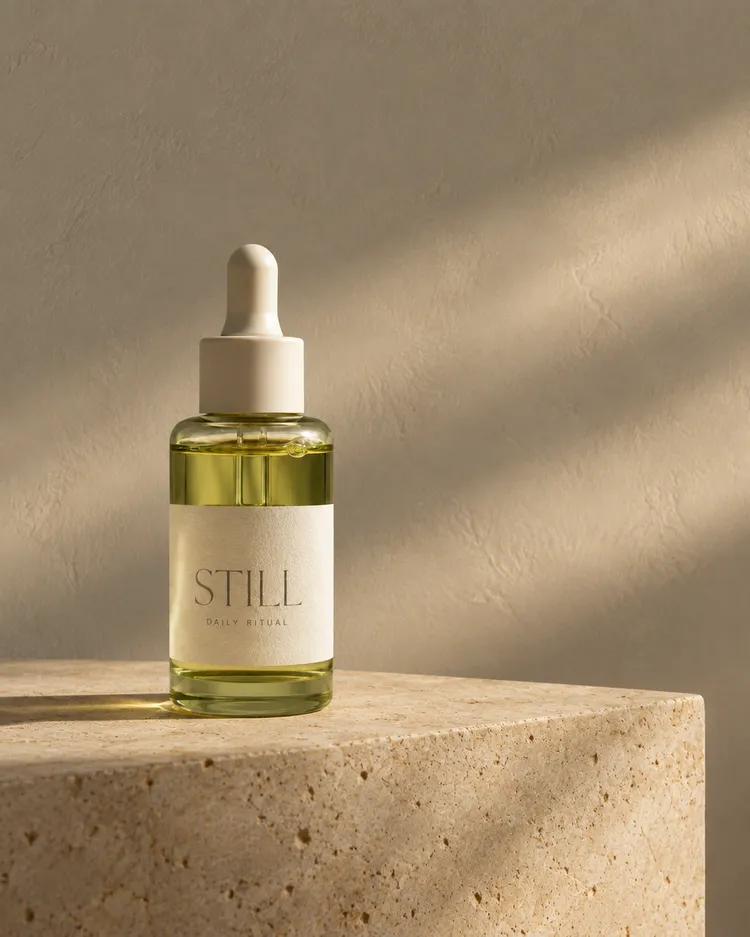 STILL revised skincare composition. Fictional, AI-generated campaign artwork.