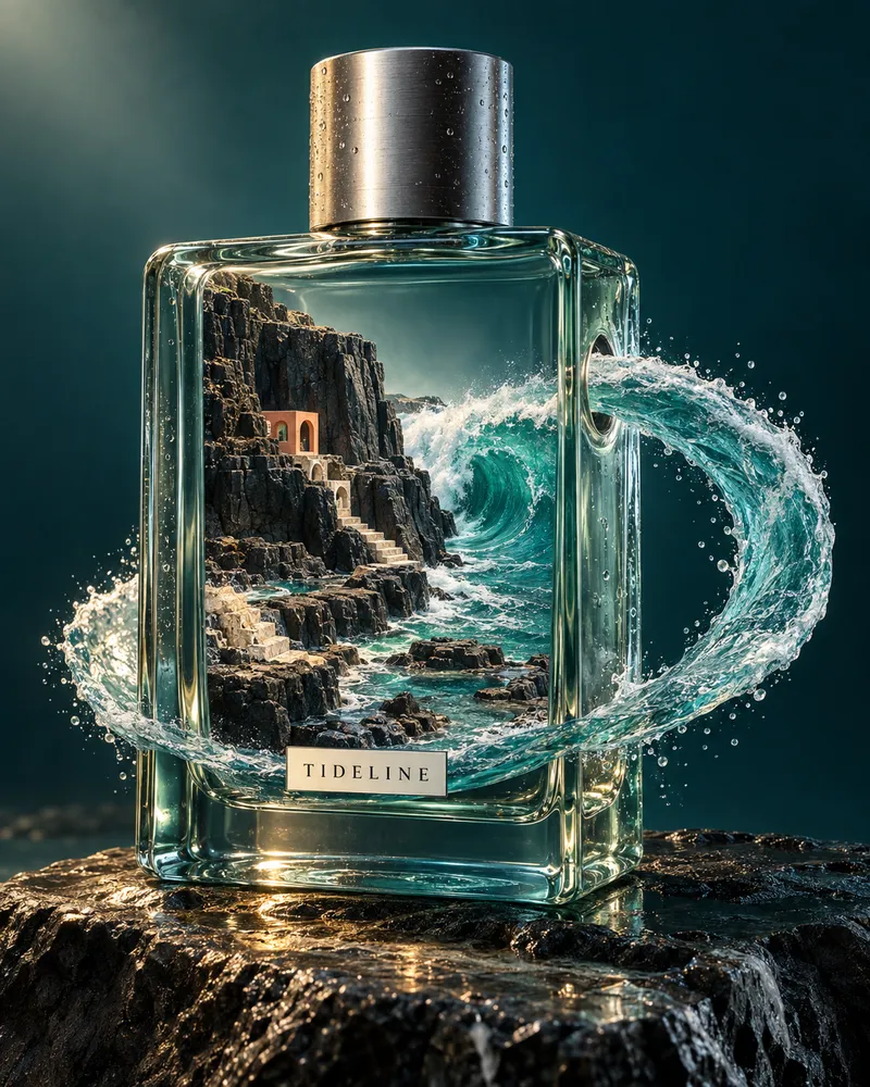 Bottled tides — a world inside your product: fictional SCENE example, not customer work